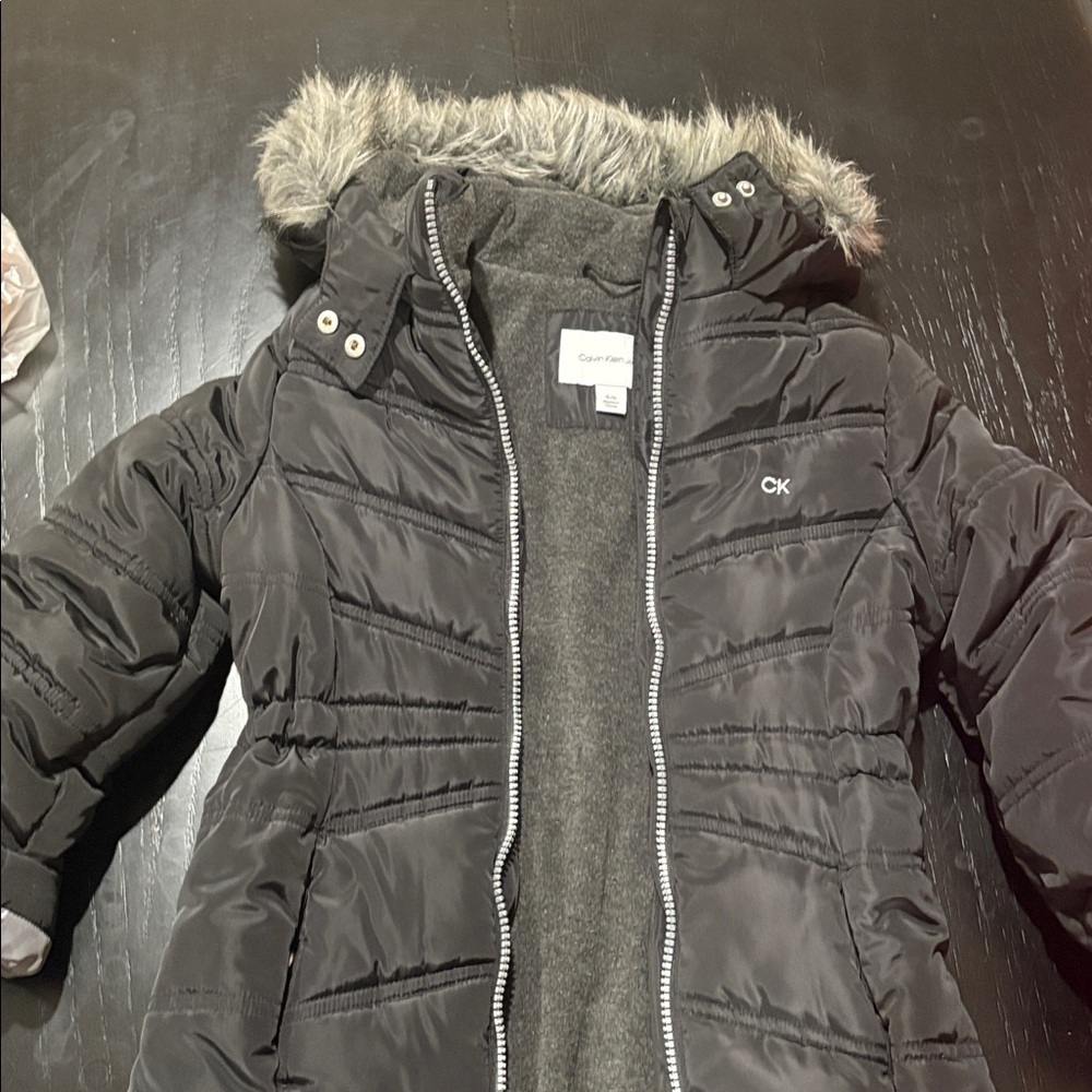 Calvin Klein Charcoal Puffer Coat with Faux Fur Trim